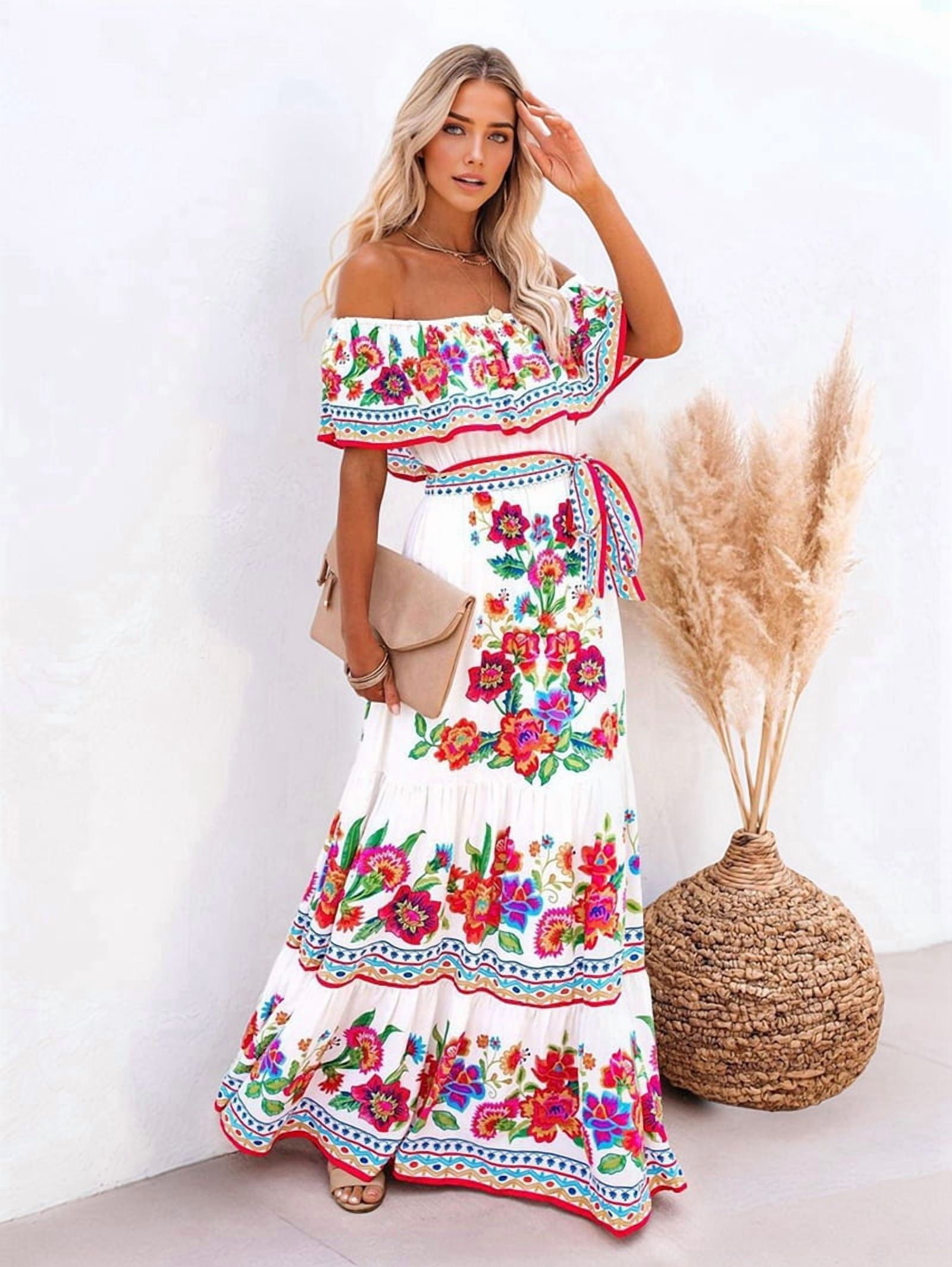 Women's Mexican Maxi Dress Off the Shoulder Sleeveless, Floral Print Long Beach Dress for Summer, Bohemian Vacation White & Red L