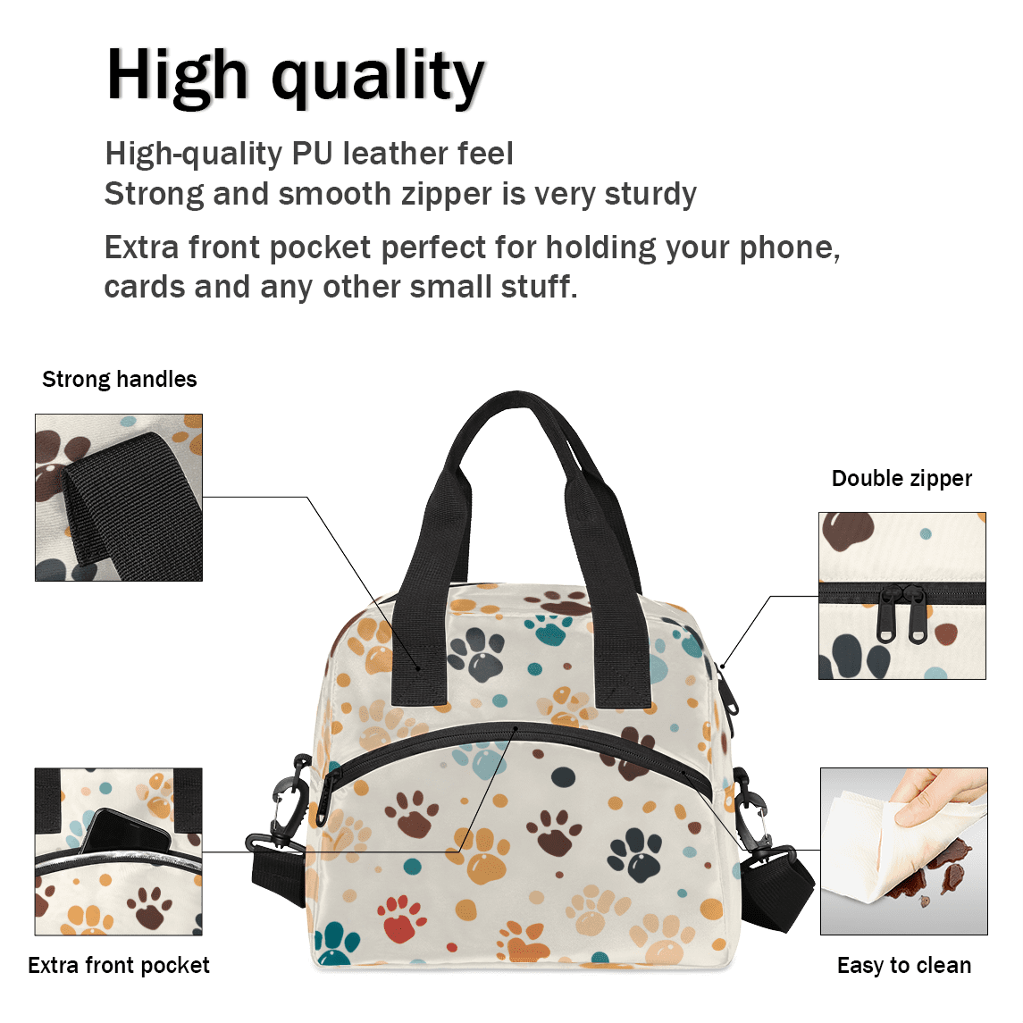 Herdesigns Dog Paw Print Insulated Lunch Bag for Women Men Adults Large Reusable Lunch Box Cute Leakproof Cooler Tote Bags with Adjustable Shoulder Strap