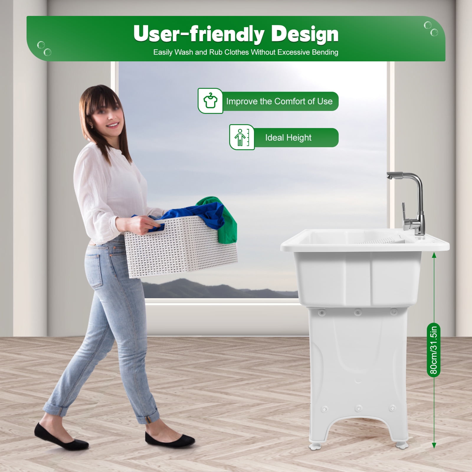 Heavy Duty Laundry Sink Utility Tub W/ Faucet Sinks For Washing Room White