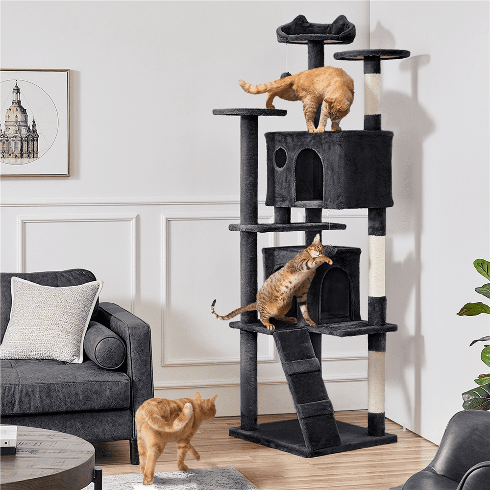 Alden Design 80″ Tall Multilevel Cat Tree with 2 Condos & 3 Scratching Posts for Kittens, Black