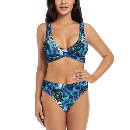Zeuib TurtleShell Algae Starfish Coral High Waisted Tummy Control Bikini Set - Knot Front Push Up Top & Cheeky Thong Bottom  Two-Piece Swimsuit for Women-Medium
