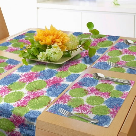 

Dahlia Table Runner & Placemats Colorful Dandelion Petals Inspired Pompom Shaped Spring Dahlias Set for Dining Table Decor Placemat 4 pcs + Runner 16 x72 Lime Green Azure Blue by Ambesonne