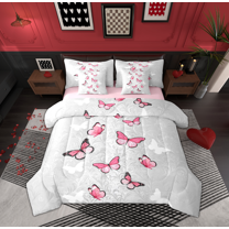 Feelyou Pink Dreamy Butterfly Bedding Comforter Set 7 Pieces, Romantic Animal Print Full Bedding Set, Teen Kid Adult Reversible Fitted Sheet Flat Sheet, Microfiber Bedroom Decor