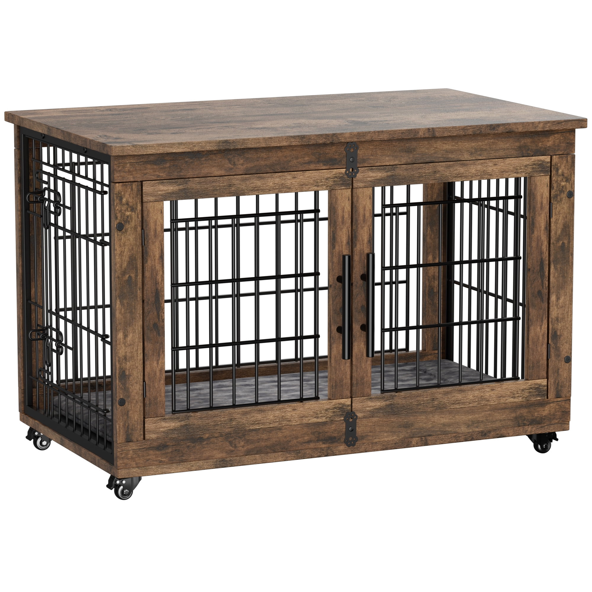 GIKPAL 38 Inch Dog Crate With Padded Wooden, Dog Kennels for Inside With 2 Door Wheeled for Heavy Medium to Large Dogs