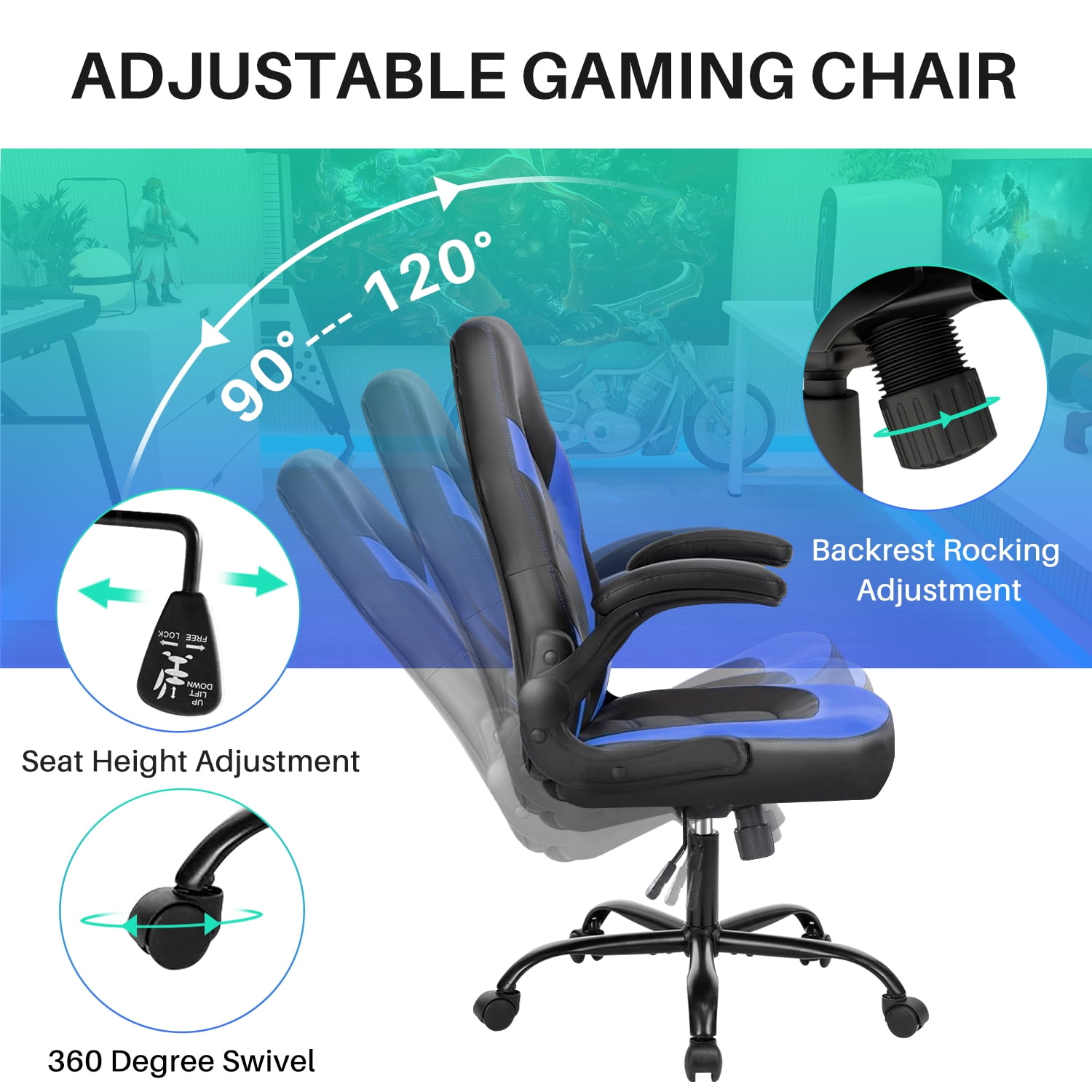 Bigleap Gaming Chair, Ergonomic Office Leather Racing Chair with Flip-up Armrest, Black Blue