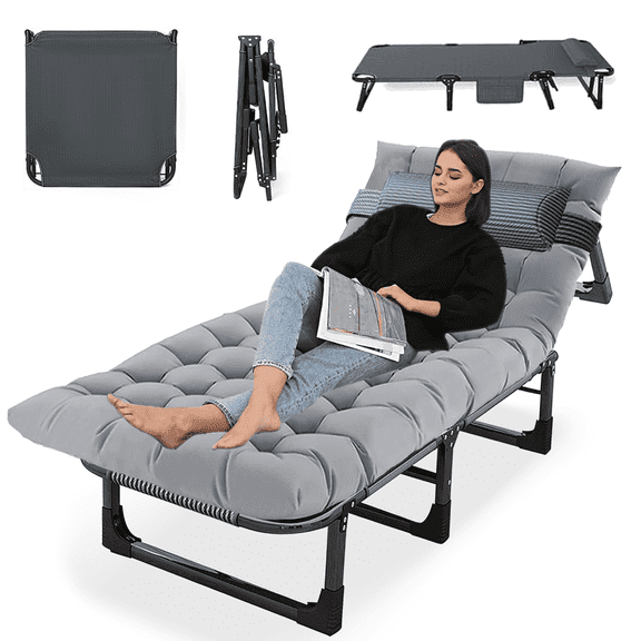 BSISHL Adjustable Folding Bed for Adults with Cushion, Portable Reclining Guest Bed, Quick Fold Lounge Bed with 500 lbs Weight Capacity for Indoor Guest Room, Travel & Temporary Sleeping