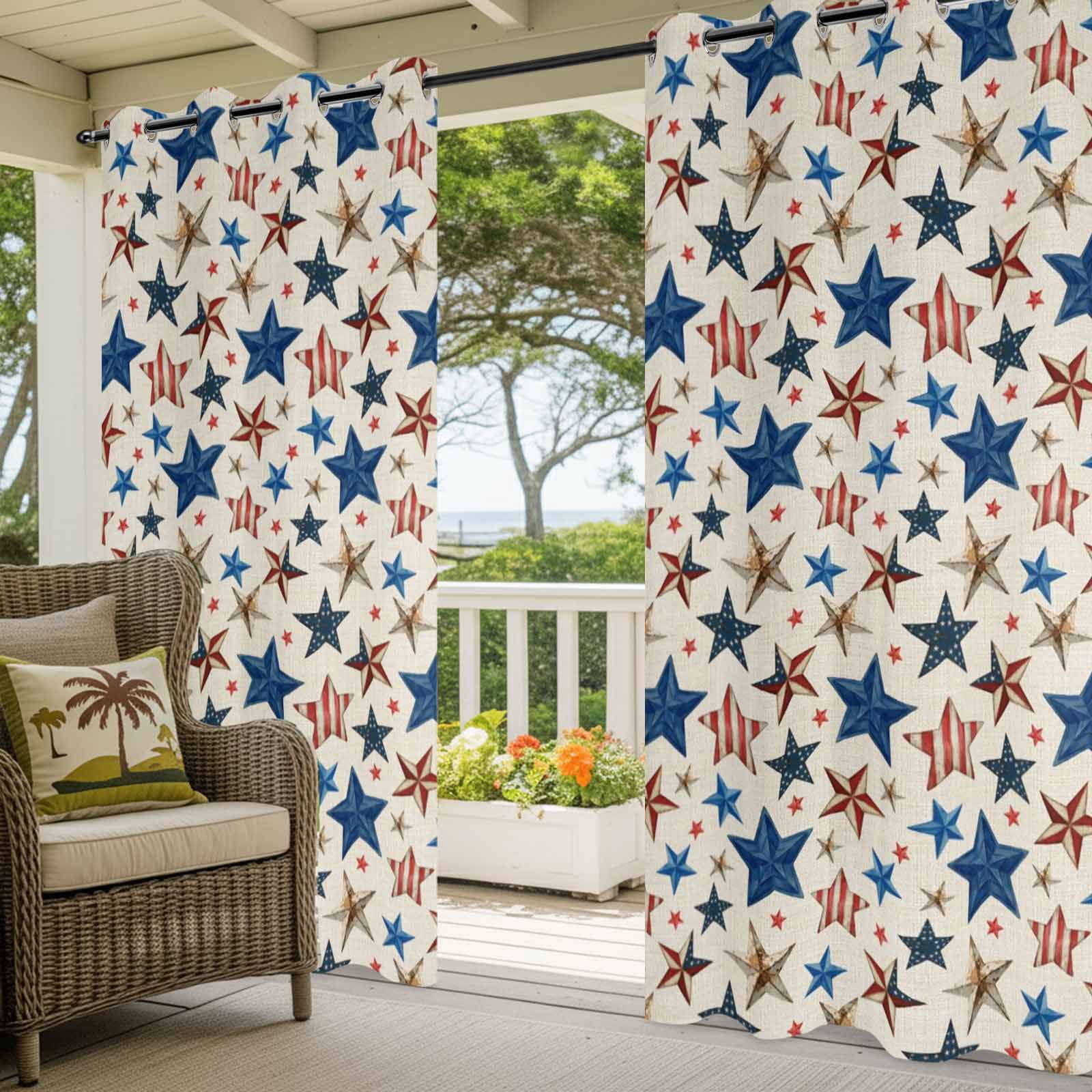 4th of July Outdoor Curtains for Patio, Mottled Usa Flag Striped Stars Memorial Day Linen Sunshade Privacy Drapes Grommet Waterproof Outside Curtains for Porch/Cabana/Balcony 54"x 108", 1 Panel