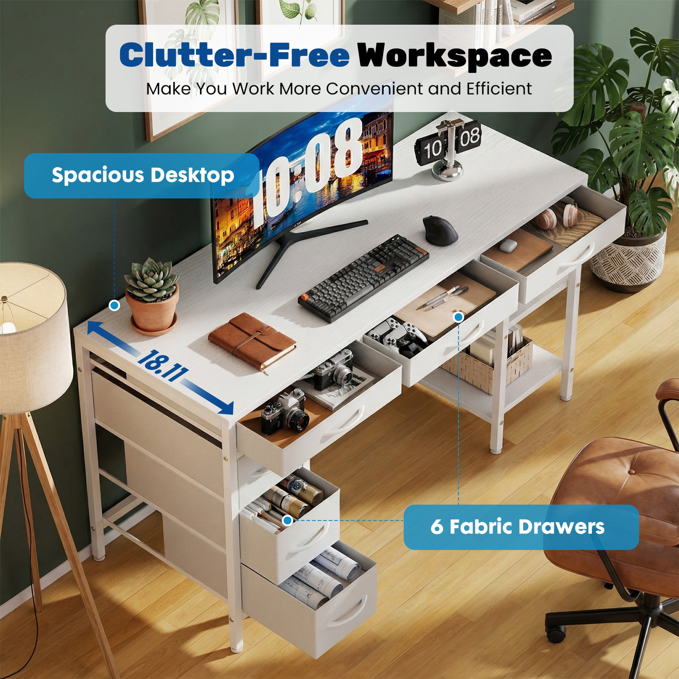 CONCETTA 55 inch Computer Desk with 6 Drawers & 2 Open Shelves, Modern Home Office Desk with Storage, Writing Study Desk for Bedroom, Workspace，White
