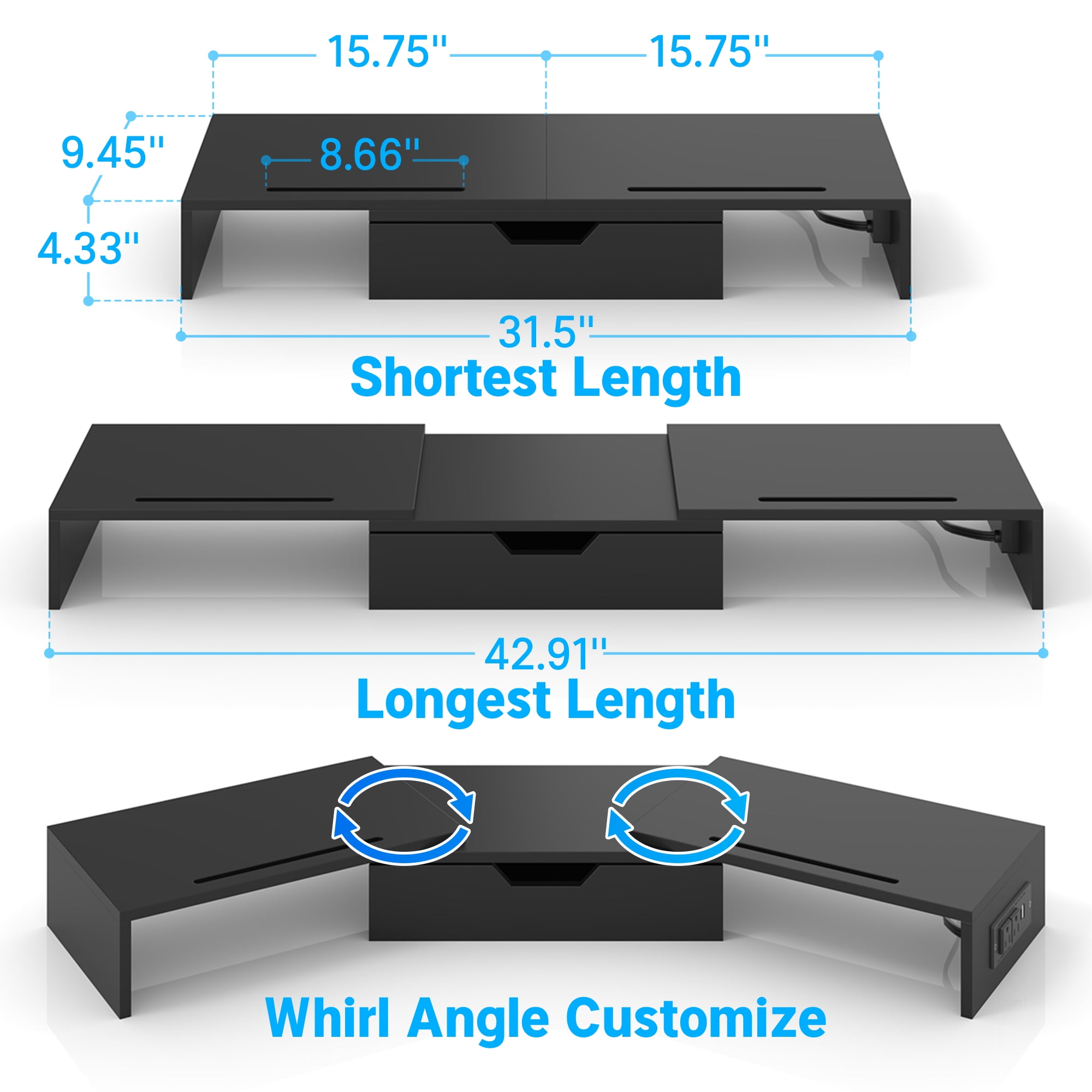 Yoneston Dual Monitor Stand Riser with Charger, Adjustable Length and Angle Desk Organizer with Drawer, Computer Monitor Stand with Phone Holder for PC, Laptop, Printer, Black