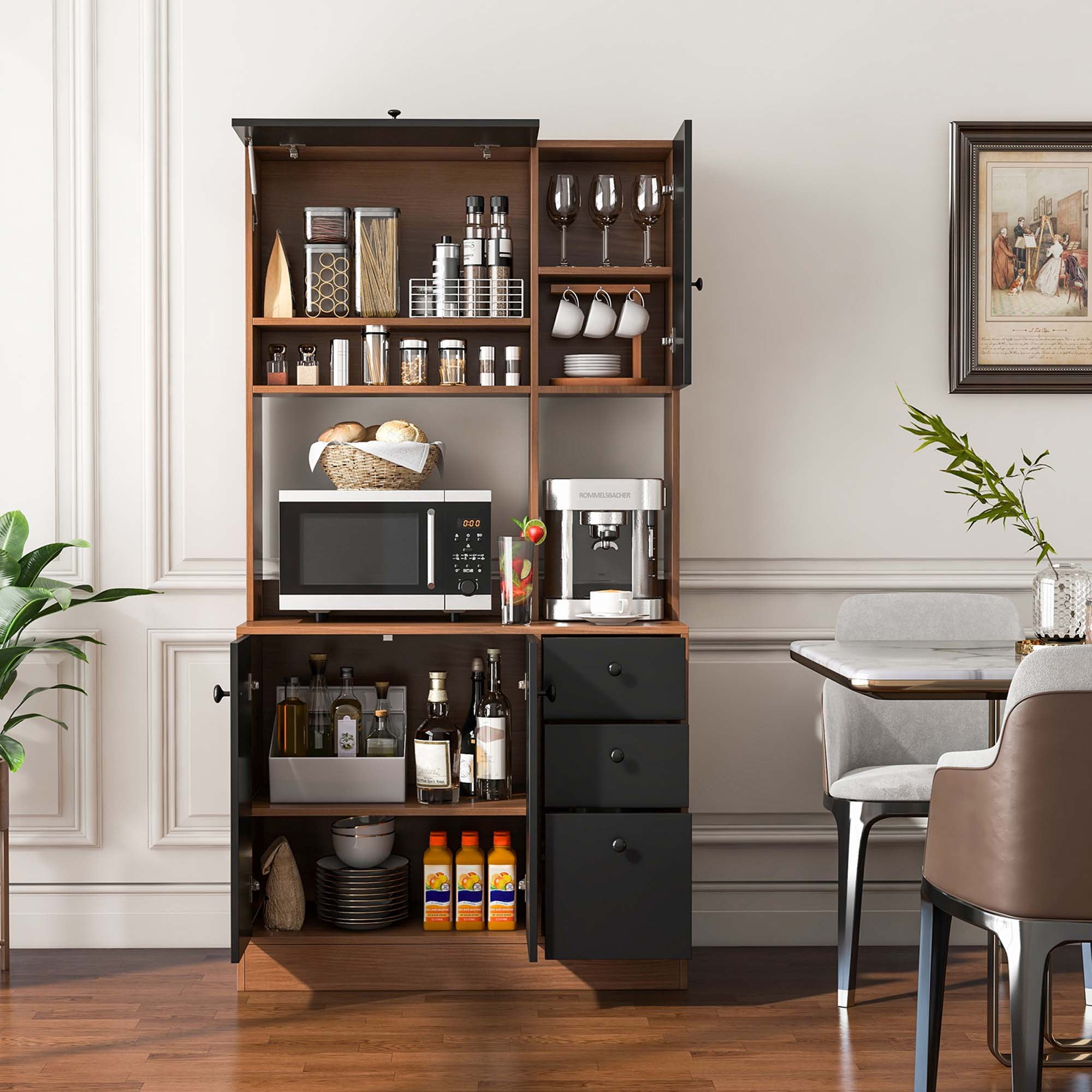 Costway 71'' Tall Kitchen Pantry Buffet Hutch Freestanding Storage Cabinet 4 Doors Walnut