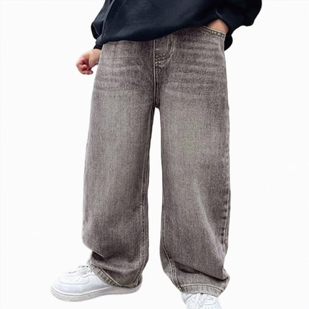 mgoYE Boys Baggy Straight Leg Elastic Waist Loose Denim Pants with Pockets(Grey 7-8 Years)
