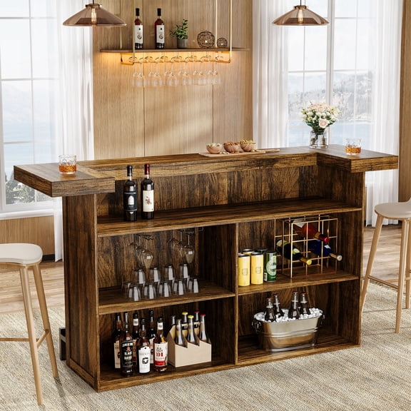 Tribesigns 4-Tier Bar Table, 70.9-Inch Large Home Bar Cabinet with Wine Glass Holder and Black Footrest, for Kitchen, Dining Room, Living Room, Pub, Rustic Brown