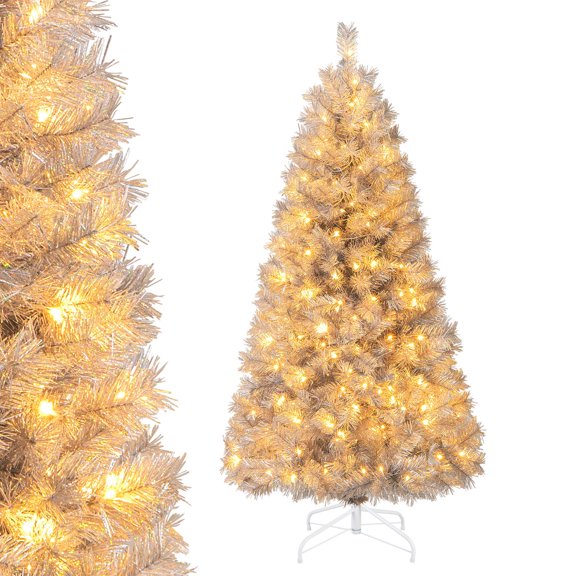 Gymax 5 FT Pre-Lit Artificial Christmas Tree Silver Tinsel Hinged Xmas Tree