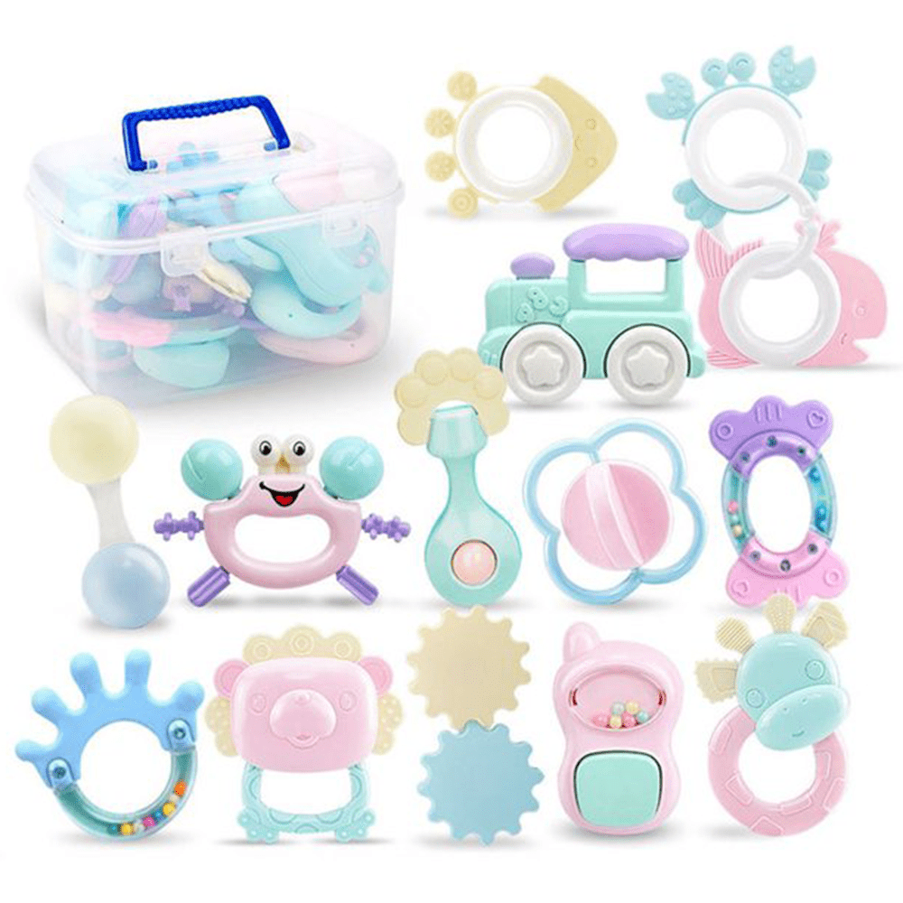 VIVEFOX Baby Rattle Sets Teether Rattles Toys, 14pcs Babies Grab Shaker and Spin Rattle Toy Early Educational Toys with Storage Box