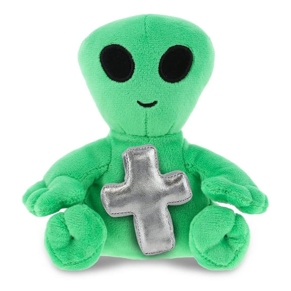 DolliBu Green Alien Stuffed Animal with Silver Cross Plush - Religious Baptism Gifts for Boys and Girls, Dedication Christening Gifts Plush Prayer Toy Healing Stuffed Animal - 6 Inches