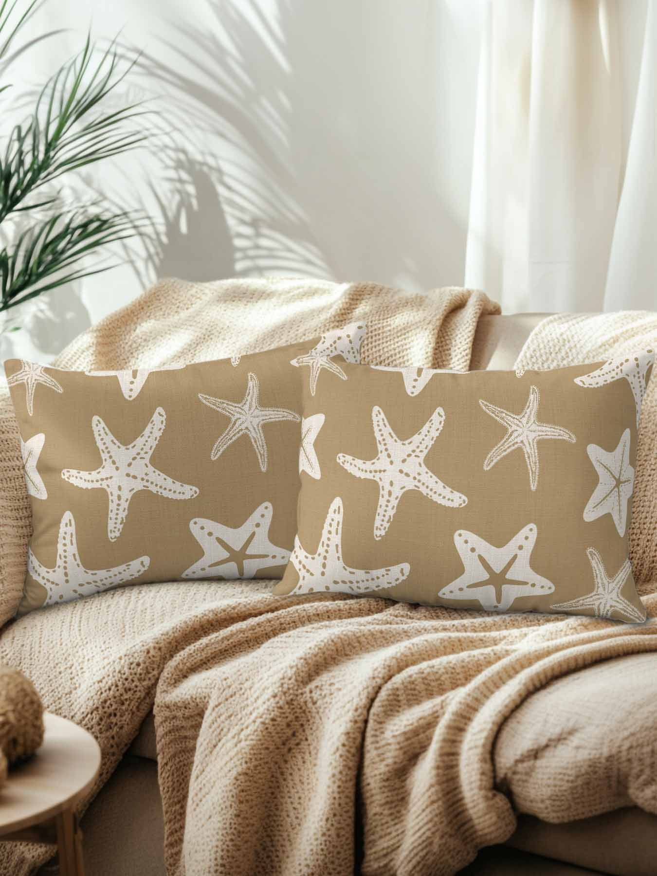 Outdoor Pillows Waterproof, Beige Brown Starfish Coastal Bedding Throw Pillows with Insert for Couch Sofa Bed, Nautical Summer Ocean Abstract Art 12x20 Inch Pillowcases Patio Pillow Set of 2