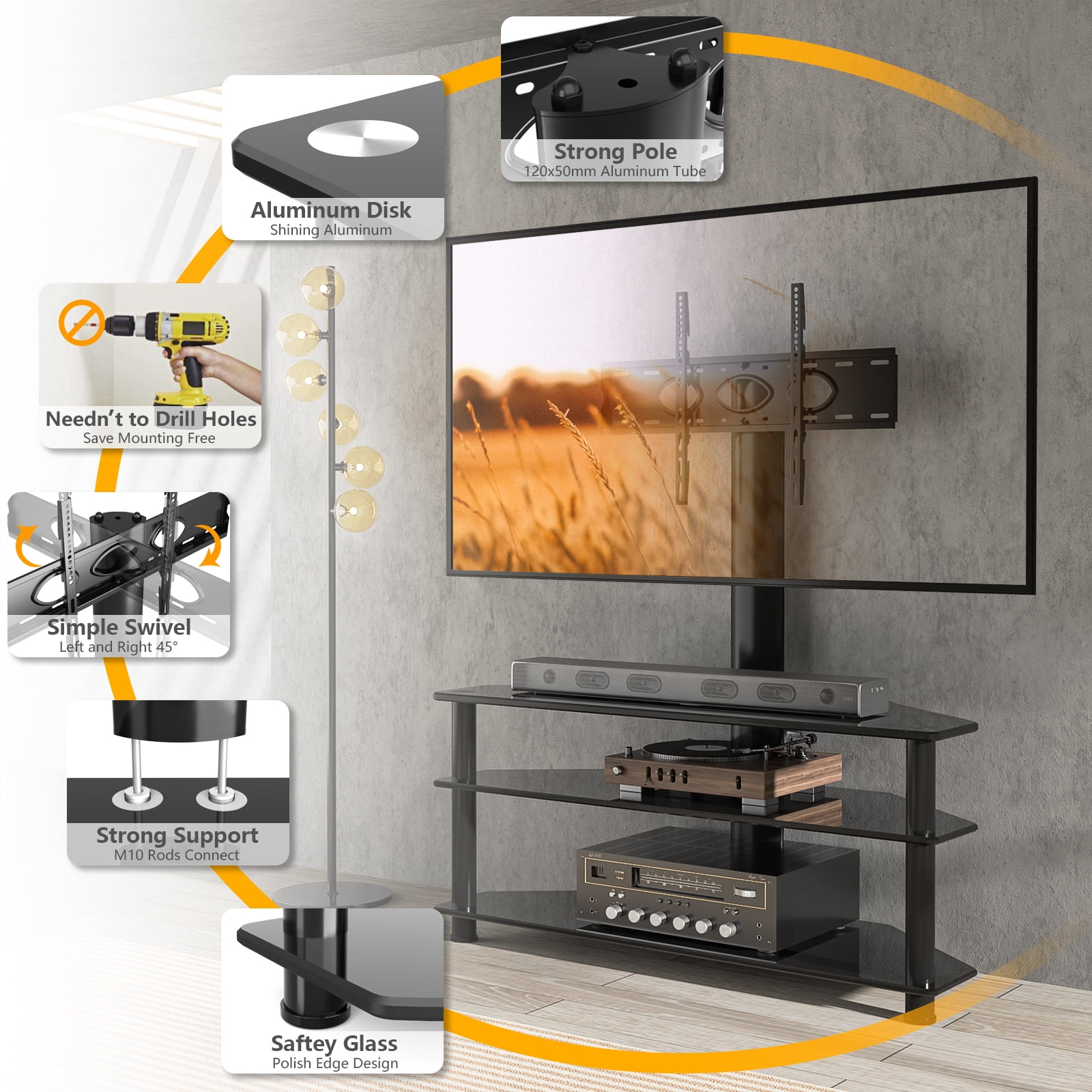 RTVR Modern 3 in 1 TV Table Stand for up to 75 inch Flat Panel, TV Mount Stand with Shelves Entertainment Center