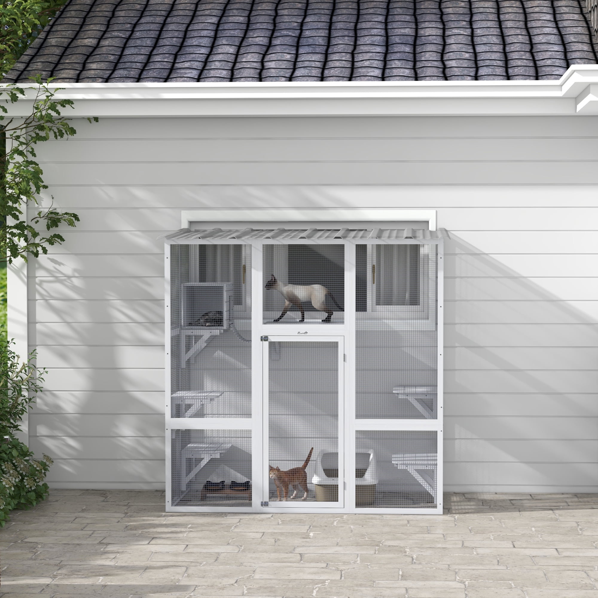 PawHut Catio, Outdoor Cat Enclosure Window Box Wooden Cat House w/ Weather Protection Roof for 2 Kitties with Resting Box, Platforms & Bridge, White