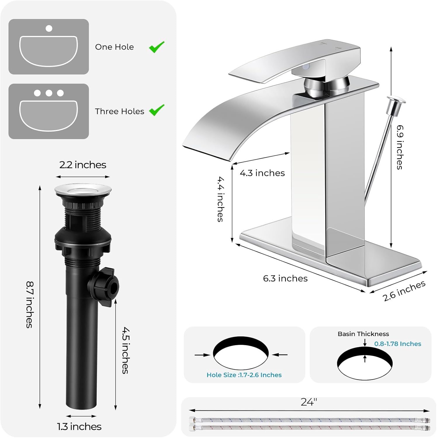 Chrome Bathroom Faucet with Lift Rod Drain, Waterfall Bathroom Sink Faucet Modern Single Handle Bathroom Faucte 1 or 3 Hole, RV Mixer Tap Vanity Faucet Washbasin Faucet with Deck