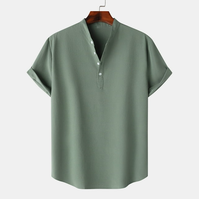 Playera Elvqul Hombre Verde del Ejército Manga Corta Casual de Color Sólido con Solapa Botones