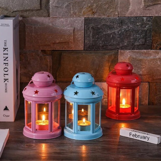 Candle Stand Star Metal Wind-proof Hanging Lantern Multi-Color Centerpiece Exquisite Iron Decorations Craft Candlestick Bedroom Tabletop Coffee Shop Pink
