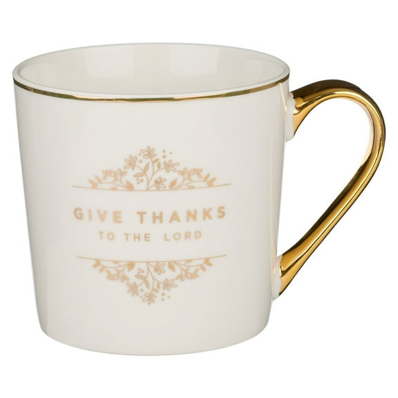 Christian Art Gifts Inspirational Ceramic Coffee and Tea Mug for Women: Give Thanks to the Lord - Psalm 106:1 Bible Verse Novelty Elegant Hot and Cold Beverage Cup, Creamy White and Gold, 14 oz.