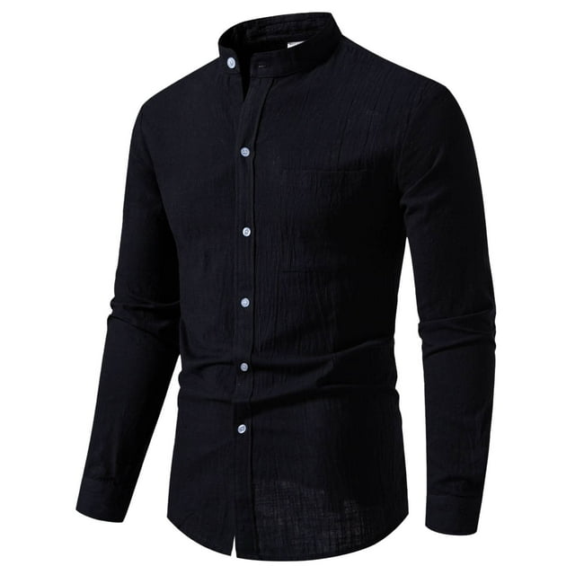 2025 Camisa de manga larga de algodón y lino liso para hombre: corte holgado, botones, informal para la playa o acampadas