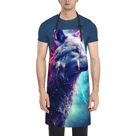 

Xecao Starry Multicolored Wolf Print Kitchen Cooking Aprons Waterproof Adjustable Bib Aprons with 2 Pockets for Women Men Chef