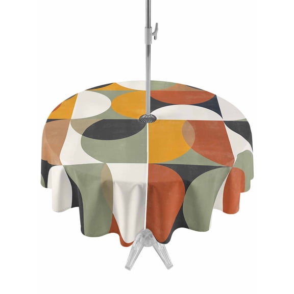 Outdoor Table Cloth with Umbrella Hole and Zipper, Orange Modern Geometric Waterproof Round Tablecloth 60 Inch, Abstract Watercolor Semicircle Washable Table Cover for Outside Party Patio Picnic