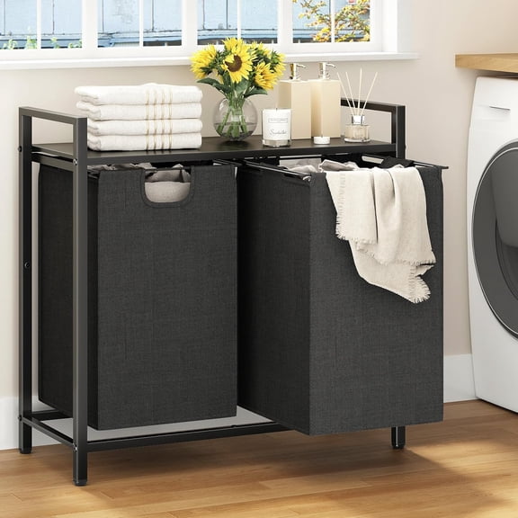 Laundry Basket Organizer, Laundry Hamper with Shelf & 2 Pull-Out Removable Bags, Dirty Clothes Hamper Organizer for Laundry Room Bathroom and Dorm, 2 x 11.8 gallons (44.5L)