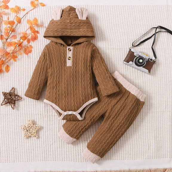 SGFCWSX Girls Winter Set Baby 2 Piece Outfits Casual Knit Onesie and Pants Sets Brown Size 0-1T