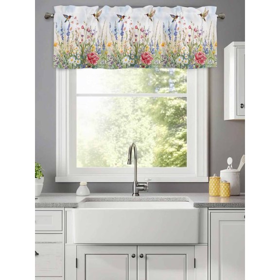 Watercolor Daisy Flowers Birds Valances for Windows,Rod Pocket Valance for Kitchen Bedroom Bathroom Living Room, Retro Pastoral Scenery Window Valance Curtain Short Curtains 42x12in