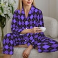 thumbnail image 6 of KLL purple argyle Print Women's Long Sleeve Pajamas with Pants Sleepwear Loungewear 2 Set-Small, 6 of 7