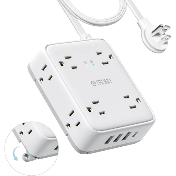 TROND Ultra Flat Plug Surge Protector Power Strip with USB C, 5Ft Flat Extension Cord and 3 USB A & 1 Type C with handing hole, 8 AC Outlets 1440J Wall Mount for Home Office Dorm Room, White