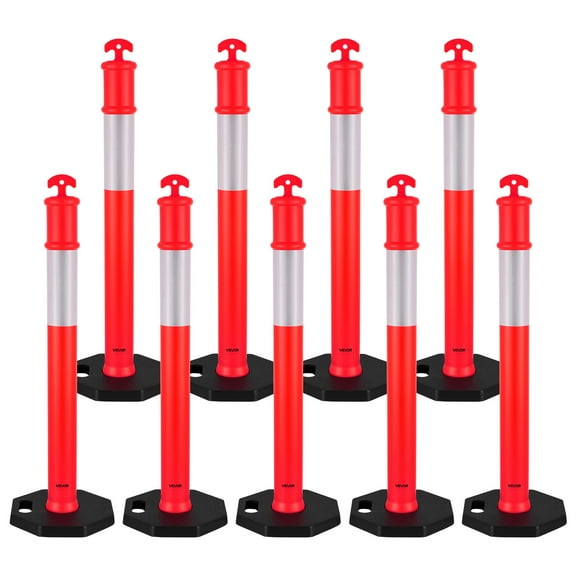 VEVOR 9 Pack Traffic Delineator Posts, 48 inches Traffic Safety Cones with Weighted Base and Reflective Strips, Heavy Duty Delineator Posts for Construction Site, Parking Lot, Crowd Control, Red