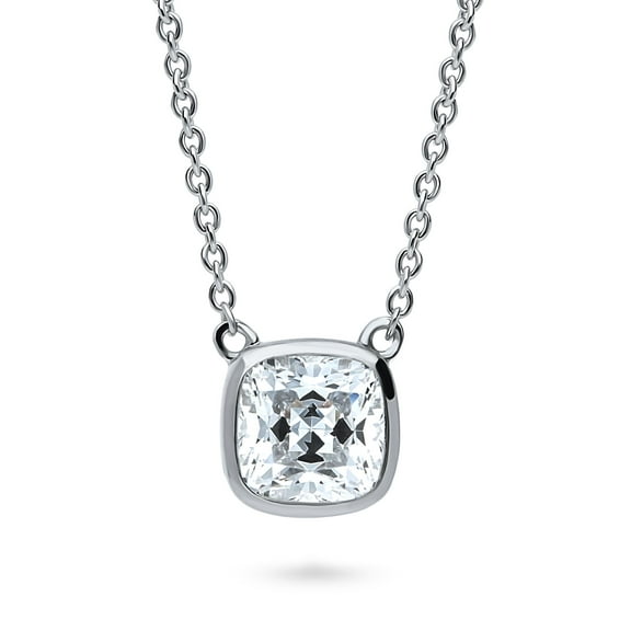 BERRICLE Sterling Silver Solitaire Bezel Set Cushion Cut Cubic Zirconia CZ Anniversary Pendant Necklace for Women, Rhodium Plated 1.25 Carat 16 inch