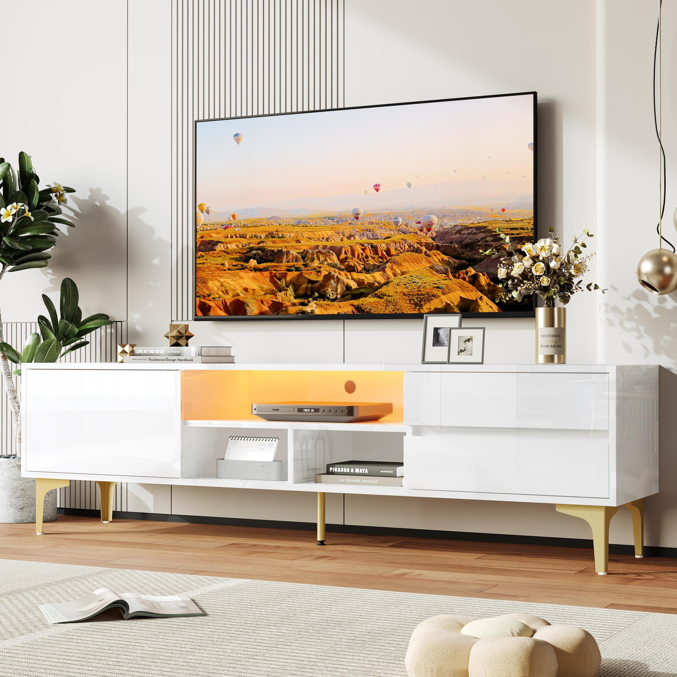 SESSLIFE TV Stand for 70 Inch TV, TV Console Table with RGB LED Lights, Modern Wood Entertainment Center with Cabinet and Drawers, TV Cabinet for Living Room, Bedroom, White