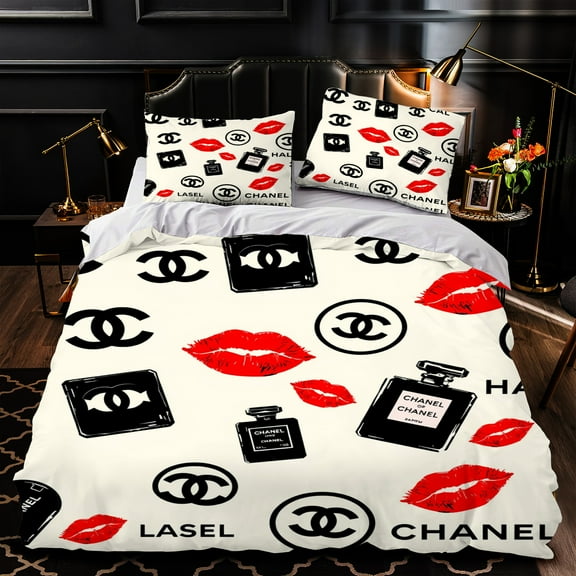 Chic 3-Piece Duvet Cover Set - Black & & Perfume Pattern - Elegant Bedding for Stylish Bedrooms