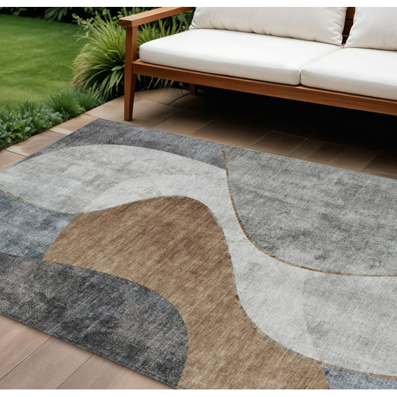 8' X 10' Gray Charcoal And Brown Abstract Washable Indoor Outdoor Area Rug