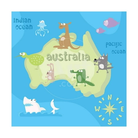 Concept Design Map of Australian Continent with Animals Drawing in Funny Cartoon Style for Kids And Print Wall Art By