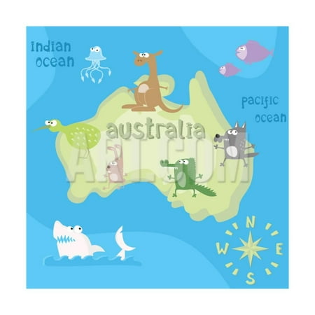 Cartoon Map - Concept Design Map of Australian Continent with Animals Drawing in Funny Cartoon Style for Kids And Print Wall Art By Dunhill