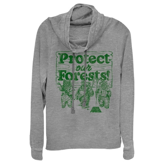 Junior's Star Wars Ewok Protect Our Forests  Cowl Neck Sweatshirt Gray Heather X Large