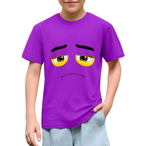 DAETIROS Boys Purple T-Shirt Sad Face Emoji Graphic Tee 100% Soft Cotton Short Sleeve Crewneck Casual Kids Top,Size 5 T