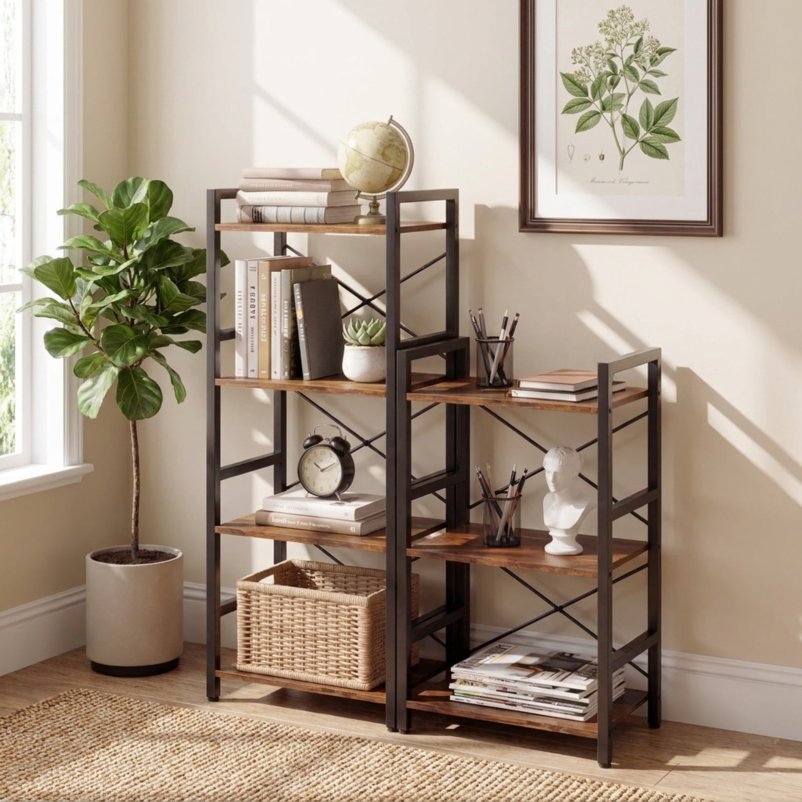 Furnibear 4-Tier Bookshelf Narrow Freestanding Display Shelf with Metal Frame for Living Room Home Office Bedroom Display Storage Shelf, Rustic Brown