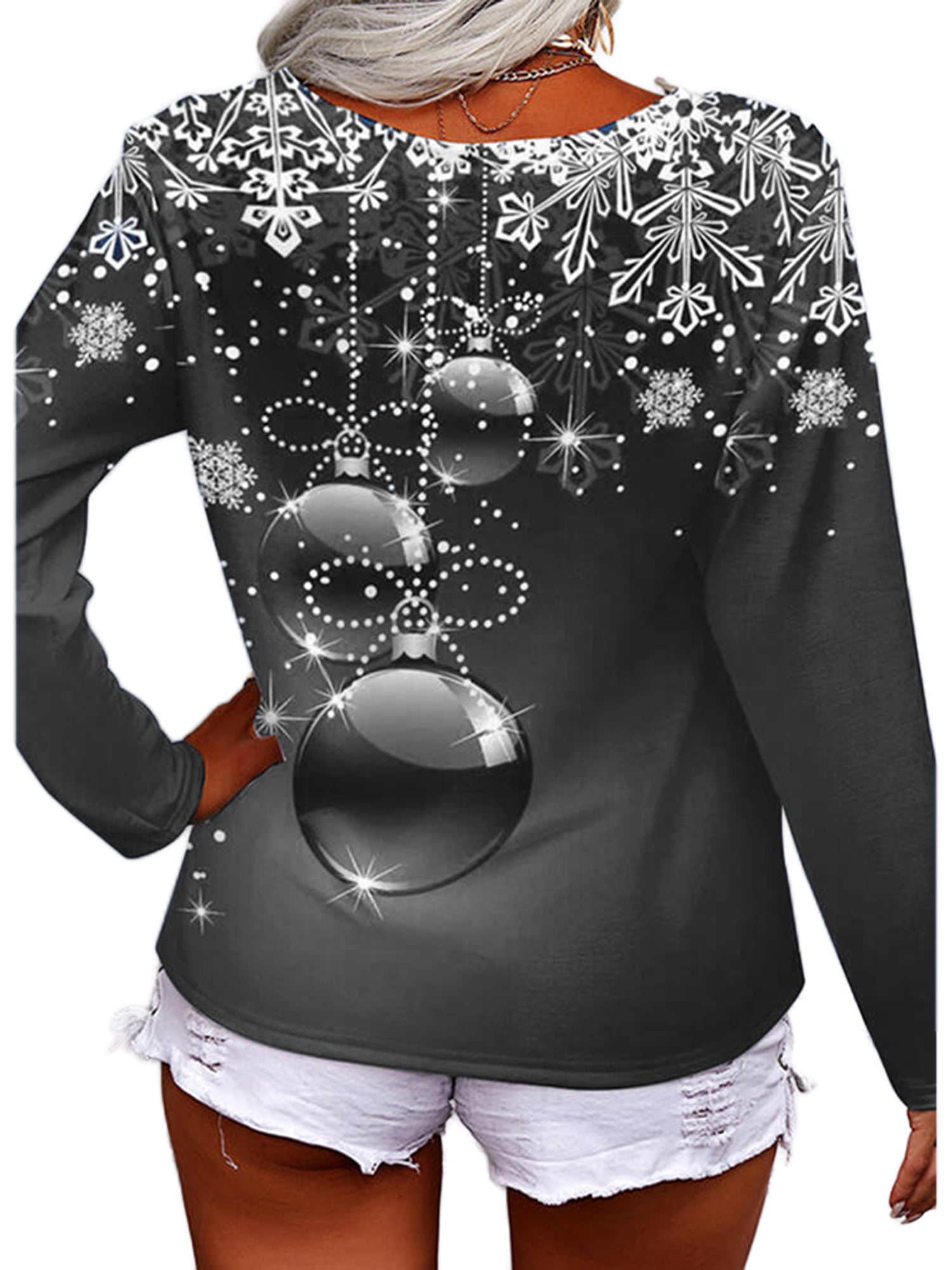 IEPOFG Long Sleeve Shirts for Women Fashion V-neck Irregular Splicing Cute  Christmas Print Loose Fit Comfy Pullover Tops