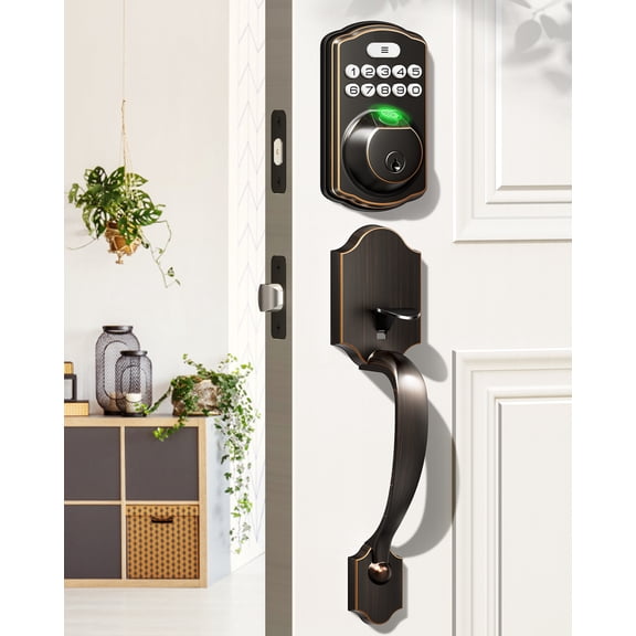 Veise KS02D Fingerprint Front Door Lock with Handle Set, Oil Rubbed Bronze | Keyless Entry Electronic Keypad Deadbolt, Auto Lock, Anti-Peep Password, One-time Code, IP54 Waterproof, Low Battery Alarm