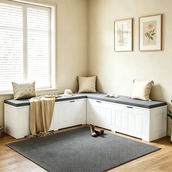 JassmiPkwy L-Shaped Corner Storage Bench with Cushion,Hidden Space and Shoe Storage, Corner Banquette Benches for Dining Room, Living Room, White