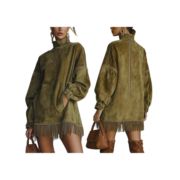 Women'S High Neck Suede Retro Long Sleeve Dress with Fringe Trim and Pockets Loose Fit Green S
