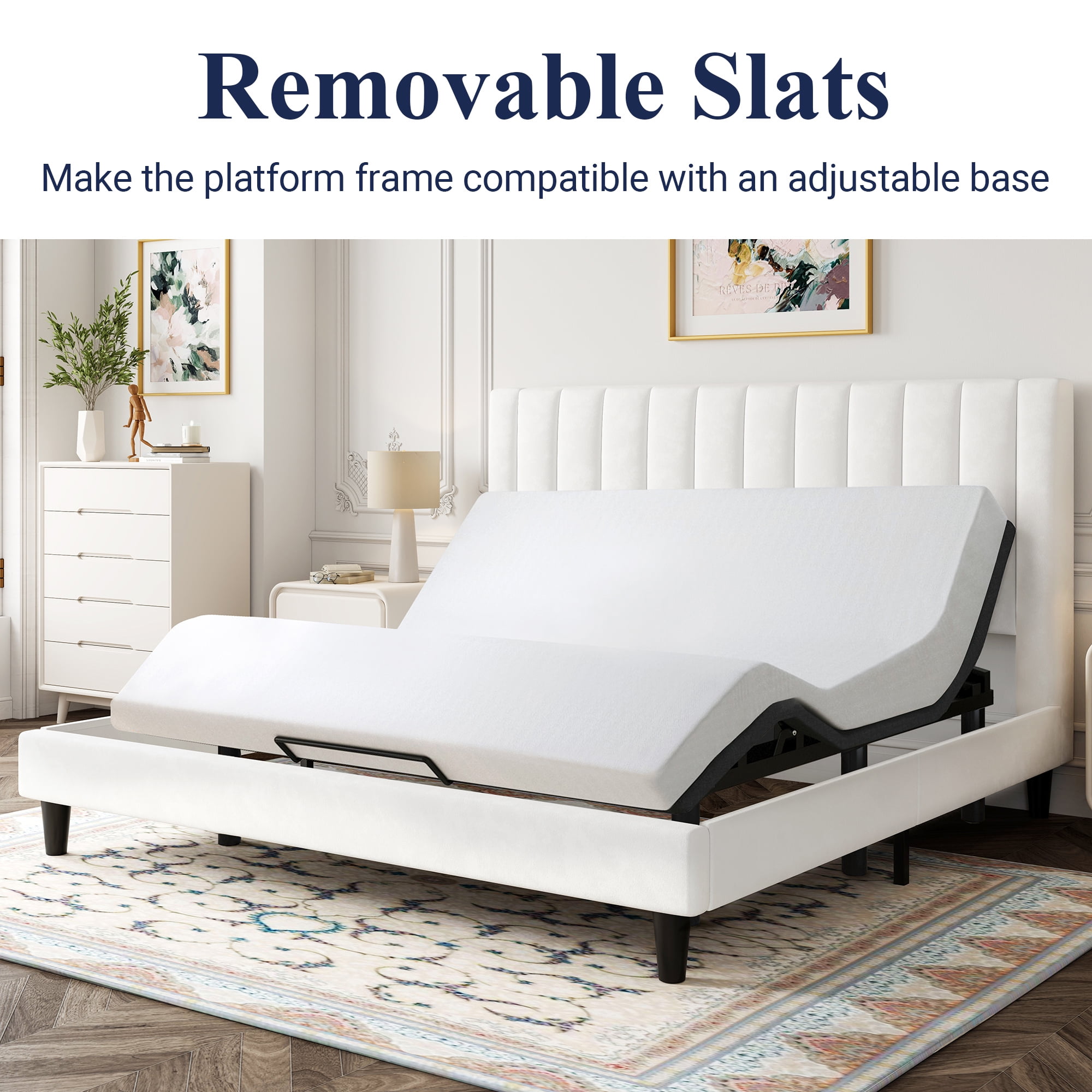 Allewie Full Size Velvet Upholstered Bed Frame with Vertical Channel Tufted Headboard, White
