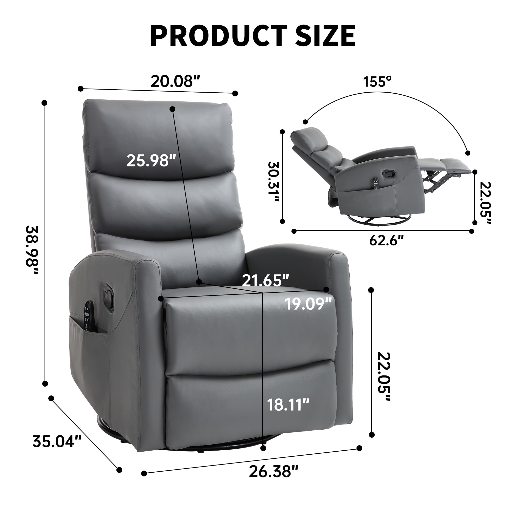 PAPROOS Rocker Recliner with Heat Therapy and Massage, PU Leather 360°Swivel Rocker Recliner, Rocking Chair for Nursery, Small Rocking Recliner, Manual Recliner for Home Theater, Dark Gray